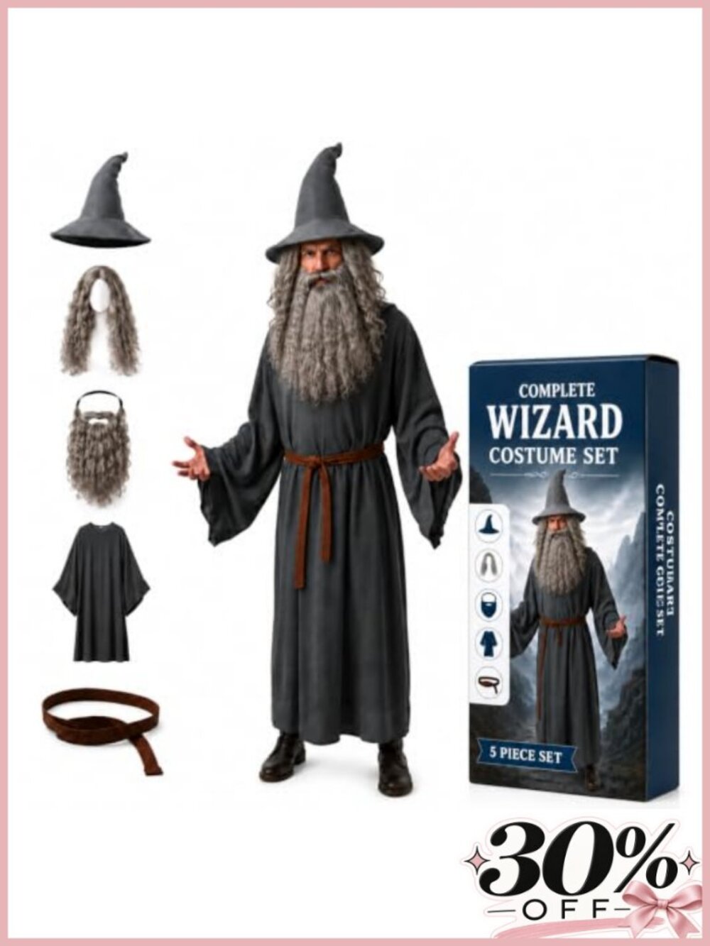 Wizard Costume Set Adult Men Hat Wig Beard Robe Belt Polyester